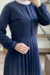 Pileli örme krep kumaş elbise lacivert  1838