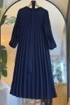 piliseli ayrobin kumaş kemerli elbise lacivert  HBS30210