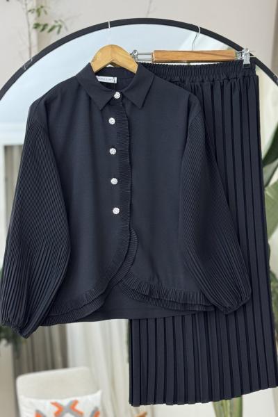 Piliseli Etek Blüz Takım siyah YR30533