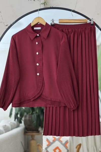 Piliseli Etek Blüz Takım Bordo YR30533