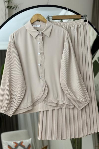 Piliseli Etek Blüz Takım Bej YR30533