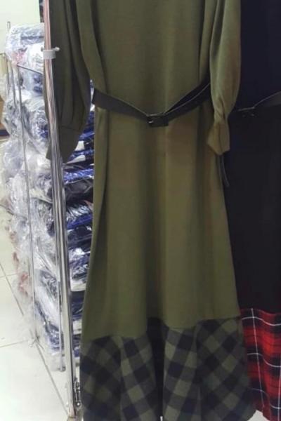 pnk 409 etek ucu kareli triko elbise  yeşil