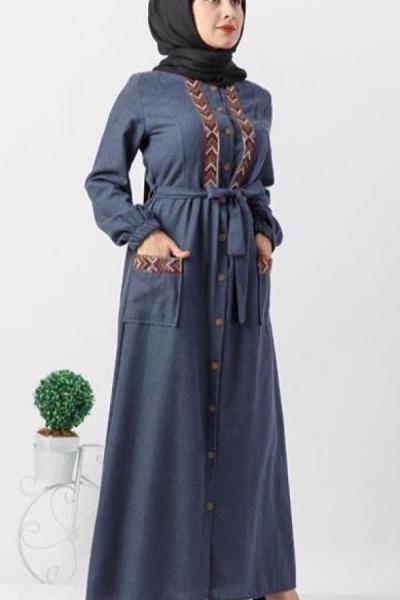 PNK  423 CEP VE YAKA İŞLEMELİ ELBİSE İNDİGO
