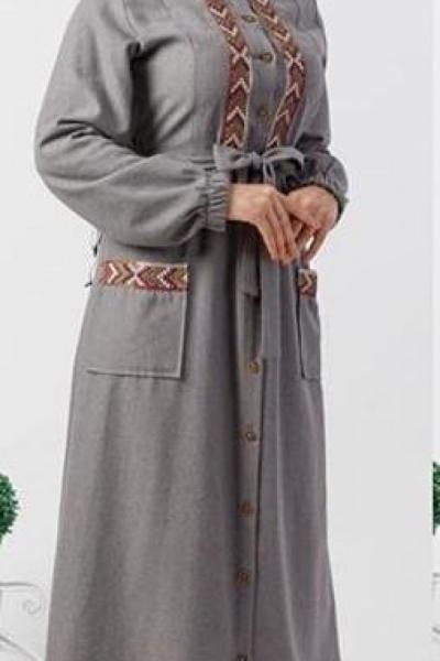 PNK 423  CEP VE YAKA İŞLEMELİ ELBİSE GRİ