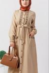 PNK 423 CEP VE YAKA İŞLEMELİ ELBİSE BEJ