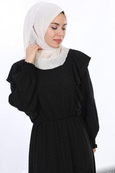 pnk556 omuz fırfırlı dokuma  viskon kumaş elbise siyah