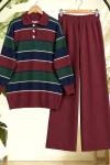 Polo Yaka Çizgili Tunik Pantolon İkili Triko Triko Takım Bordo TC40190