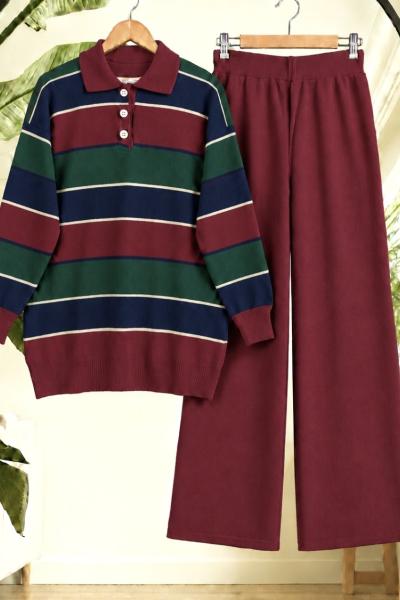 Polo Yaka Çizgili Tunik Pantolon İkili Triko Triko Takım Bordo TC40190