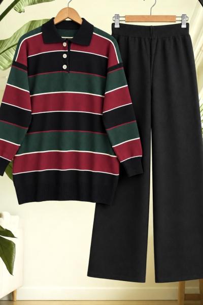 Polo Yaka Çizgili Tunik Pantolon İkili Triko Triko Takım Siyah TC40190