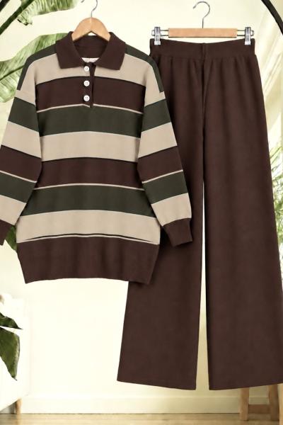 Polo Yaka Çizgili Tunik Pantolon İkili Triko Triko Takım Kahve TC40190