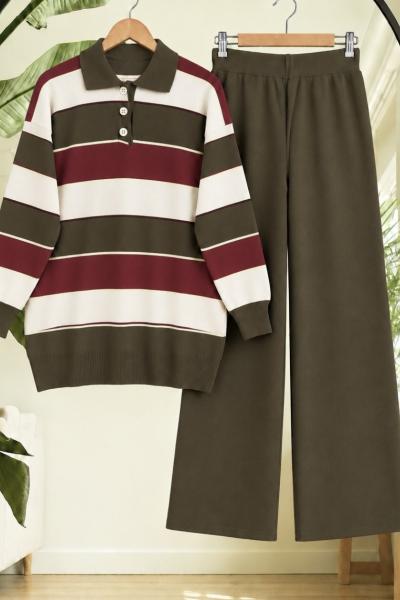 Polo Yaka Çizgili Tunik Pantolon İkili Triko Triko Takım Haki TC40190