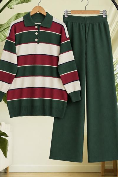 Polo Yaka Çizgili Tunik Pantolon İkili Triko Triko Takım Yeşil TC40190