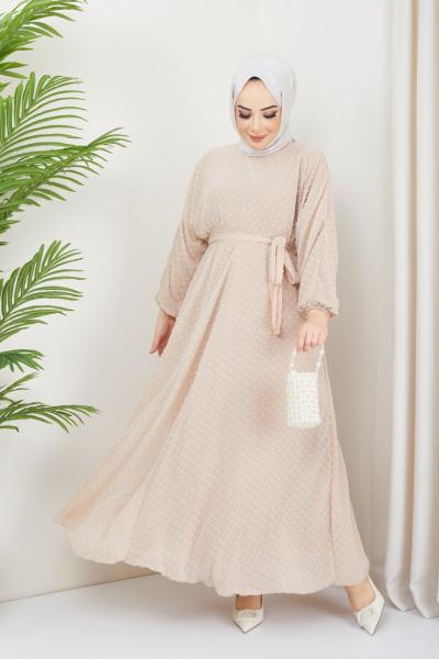 Pompon Şifon Elbise  Bej TBT3066