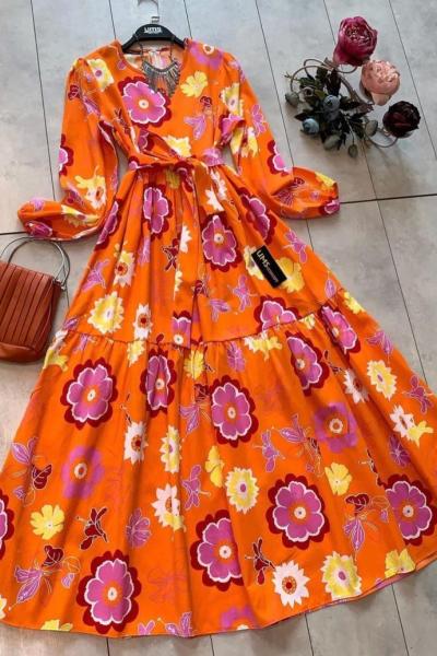 Poplin kumaş fulya desen kiloş elbise turuncu UMS1627