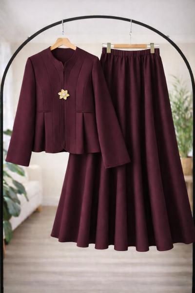Prenses dikişli Etek Ceket Takım Bordo TB8055