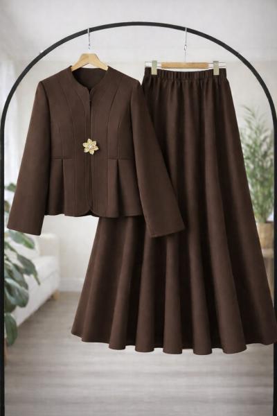 Prenses dikişli Etek Ceket Takım Kahverengi TB8055