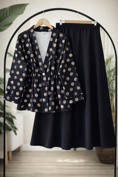 Puantiye Tek düğmeli etek ceket  takım Siyah BK9559