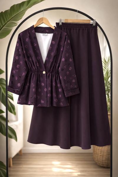 Puantiye Tek düğmeli etek ceket  takım Mürdüm BK9559