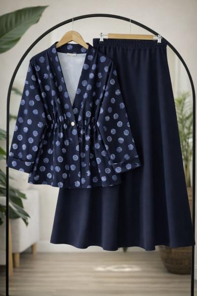 Puantiye Tek düğmeli etek ceket  takım Lacivert BK9559