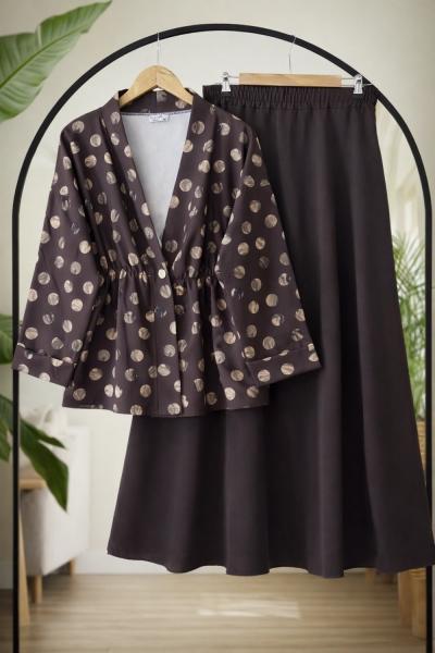 Puantiye Tek düğmeli etek ceket  takım Kahverengi BK9559