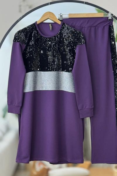 pul payet kuşaklı takım    Mor