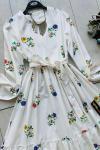 Renkli ayçiçek desen poplin elbise beyaz UMS1623