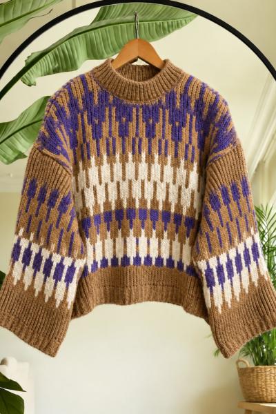 Renkli  Desenli Kalın Örgü Triko Kazak Camel SL2721