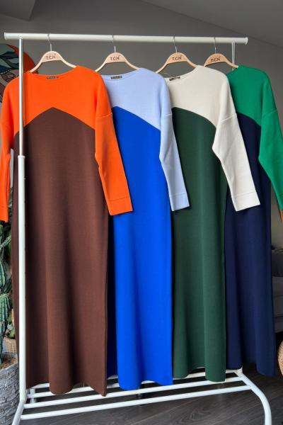 Renkli triko elbise kahve TCN4057