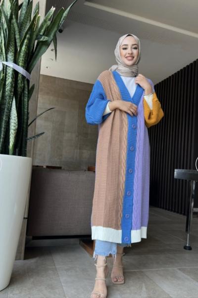 Renkli uzun örgülü triko hırka saks TCN4053