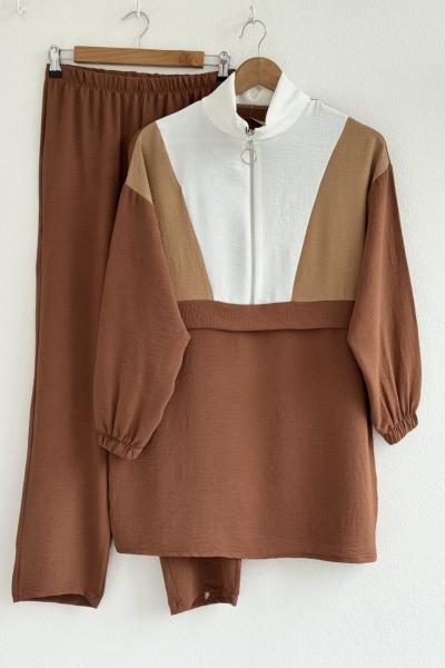 Renkli Yarım fermuarlık Ayrobin Takım  kahve NSY30227