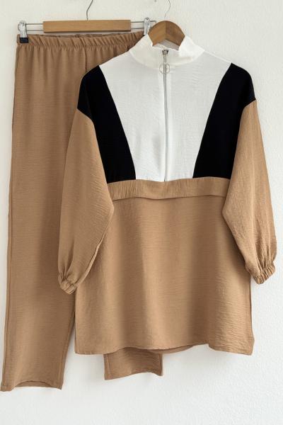 Renkli Yarım fermuarlık Ayrobin Takım  Bej NSY30227