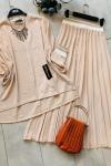 Ribanalı basklı Ayrobin Kumaş etekli takım bej UMS1539