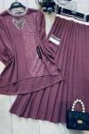Ribanalı basklı Ayrobin Kumaş etekli takım vişne UMS1539