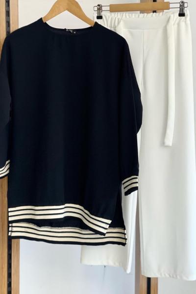 Ribanalı Ayrobin kumaş tunik Siyah FİX1615