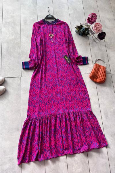 Ribanalı pamuklu viskon elbise Fuşya UMS5059