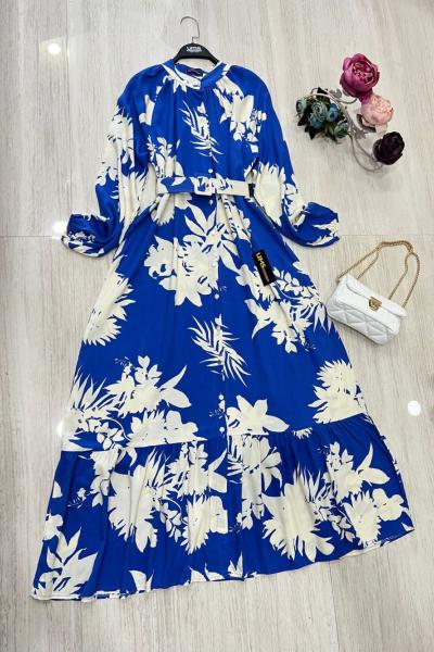 Rina kemerli viskon elbise mavi  UMS5076