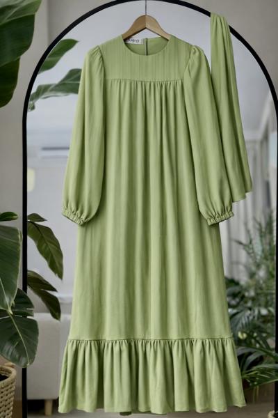 Robalı Etek fırfırlı Kuşaklı Elbise Fıstık Yeşili KRN30288