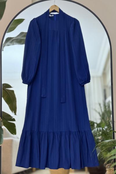Robalı Etek fırfırlı Kuşaklı Elbise Lacivert KRN30288