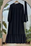 Robalı Etek fırfırlı Kuşaklı Elbise Siyah  KRN30288