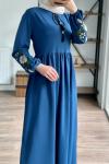 Robalı kol nakışlı elbise mavi 1844