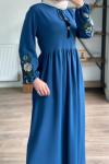 Robalı kol nakışlı elbise mavi 1844