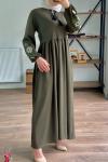 Robalı kol nakışlı elbise haki 1844