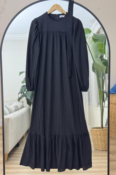 Robalı kuşaklı  desenli Kumaş elbise Siyah KRN8011