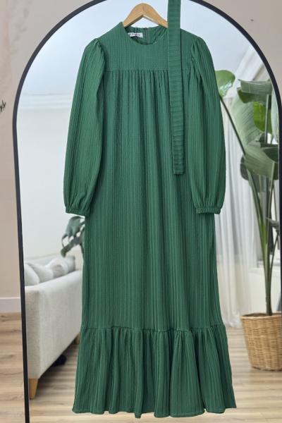 Robalı kuşaklı  desenli Kumaş elbise Yeşil KRN8011