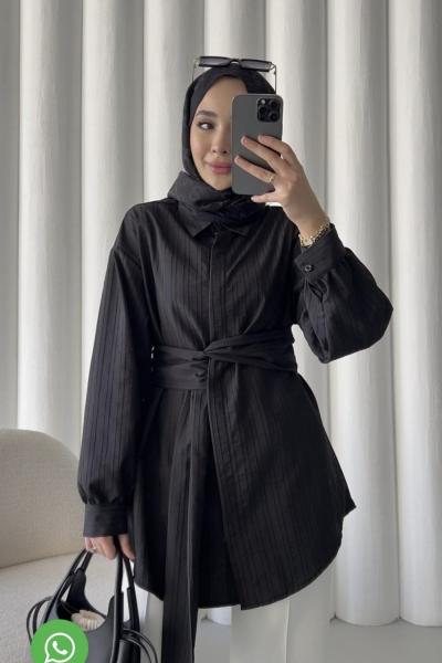 Sabit Kuşaklı Gömlek tunik Siyah DST2039