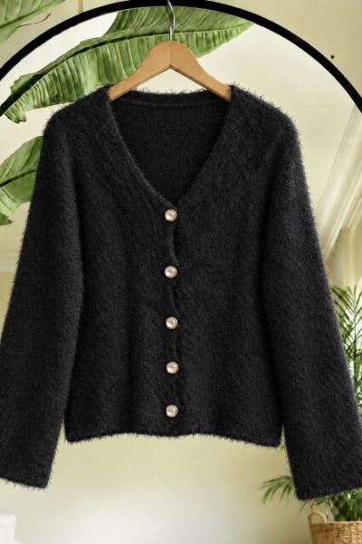 Sakallı düğmeli yumoş Hırka Siyah SL7525