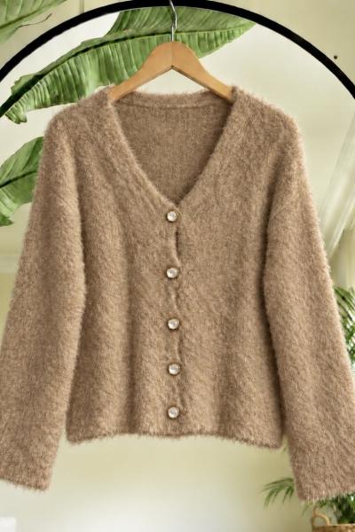 Sakallı düğmeli yumoş Hırka camel SL7525
