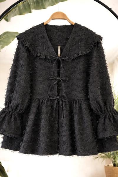 Sakallı keten kumaş bağcıklı  Ceket Siyah TB8069