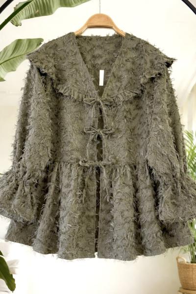 Sakallı keten kumaş bağcıklı  Ceket Yeşil TB8069