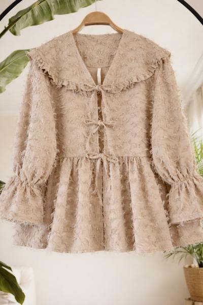 Sakallı keten kumaş bağcıklı  Ceket Bej TB8069